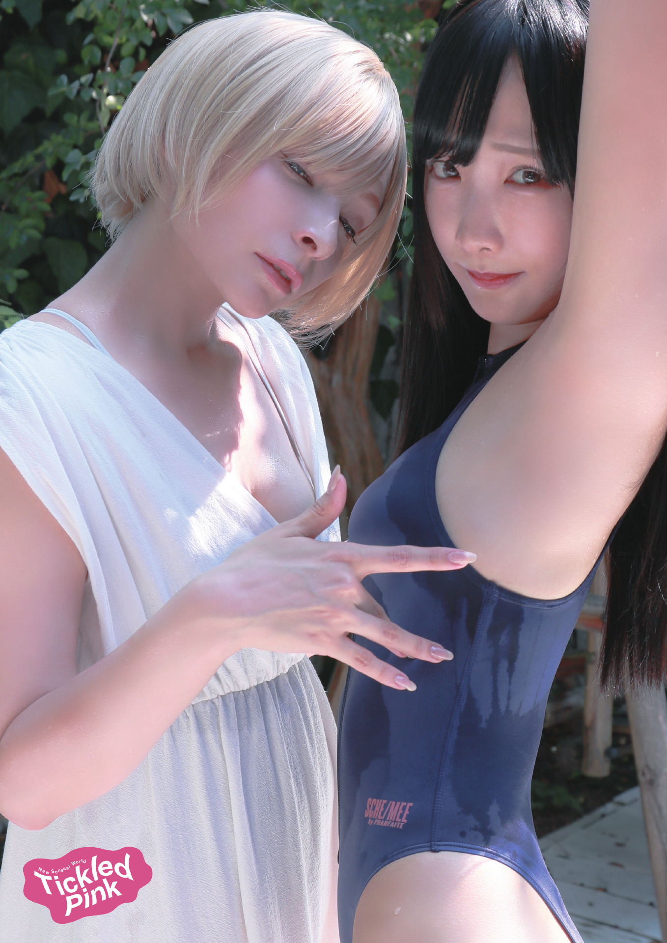 Playful tickling-themed gravure photo with a smiling and reactive model